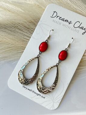 Red Stone Silver Teardrop Dangle Earrings